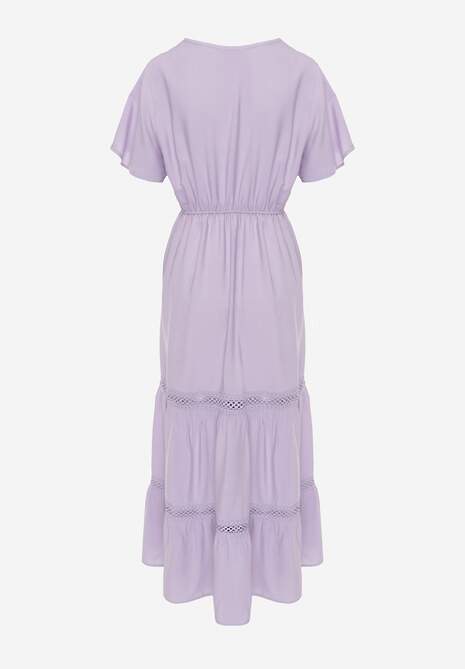 Fioletowa Rozkloszowana Sukienka Maxi z Gumką w Talii i Koronkowym Dekoltem Cheteia 7