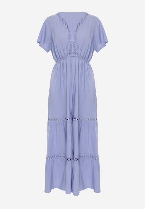 Jasnoniebieska Rozkloszowana Sukienka Maxi z Gumką w Talii i Koronkowym Dekoltem Cheteia 6