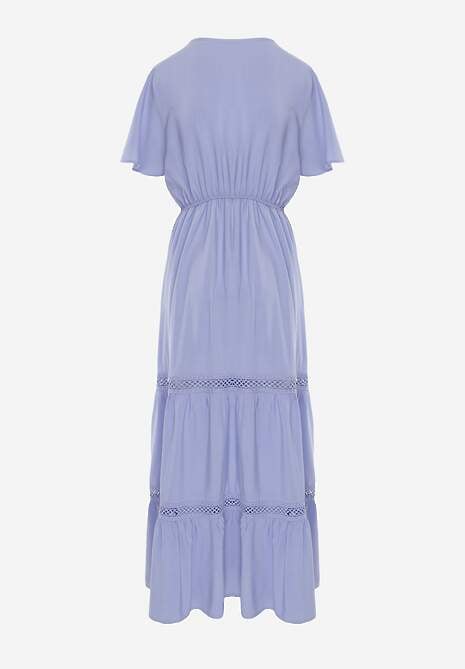 Jasnoniebieska Rozkloszowana Sukienka Maxi z Gumką w Talii i Koronkowym Dekoltem Cheteia 7