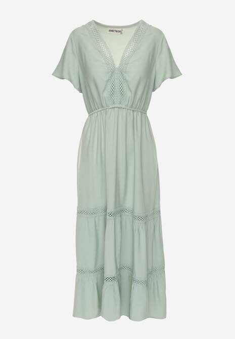 Miętowa Rozkloszowana Sukienka Maxi z Gumką w Talii i Koronkowym Dekoltem Cheteia 6