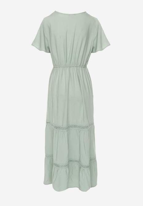 Miętowa Rozkloszowana Sukienka Maxi z Gumką w Talii i Koronkowym Dekoltem Cheteia 7