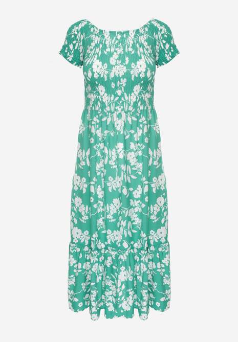 Zielona Rozkloszowana Sukienka Maxi z Hiszpańskim Dekoltem w Kwiaty Zevana 6