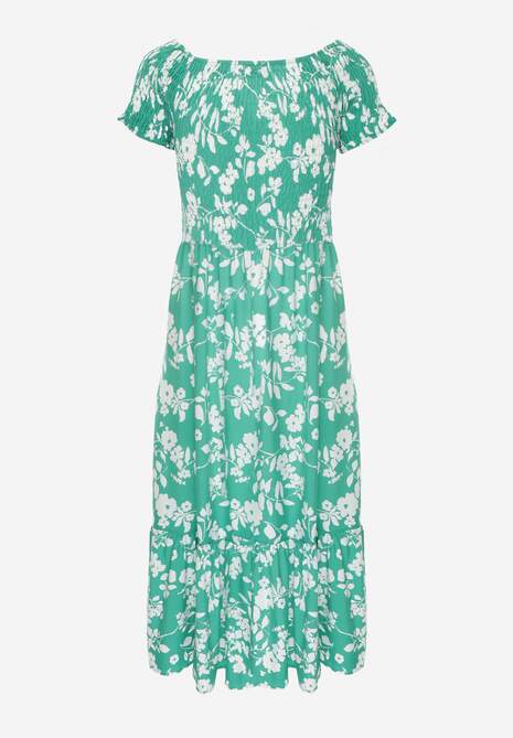Zielona Rozkloszowana Sukienka Maxi z Hiszpańskim Dekoltem w Kwiaty Zevana 7