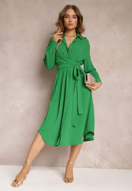 Zielona Sukienka Midi z Kołnierzykiem i Materiałowym Paskiem Rasik