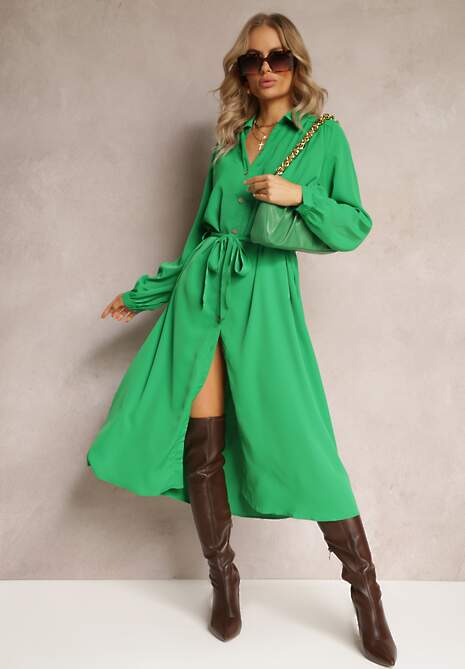 Zielona Koszulowa Sukienka Midi z Materiałowym Paskiem i Rozszerzanym Dołem Chamara