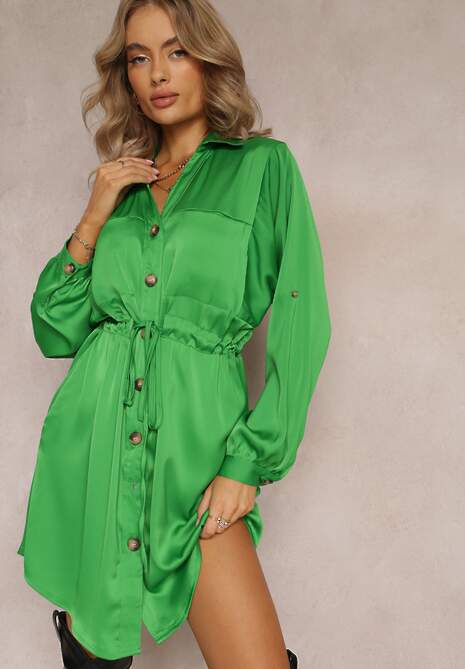 Zielona Sukienka Mini z Kołnierzem i Ściągaczem w Pasie Minal