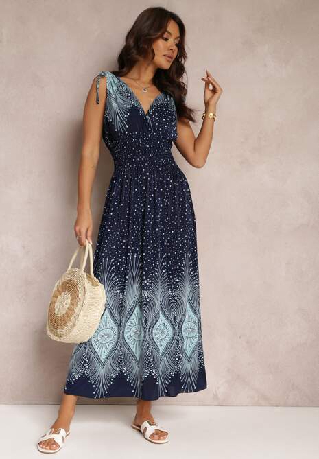 Granatowo-Niebieska Sukienka Maxi z Gumką w Talii i Ściągaczami na Ramionach Sayler