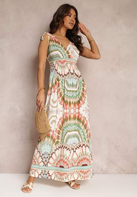 Zielona Sukienka z Wiskozy ze Wzorem Tie Dye z Gumką w Talii Brisea