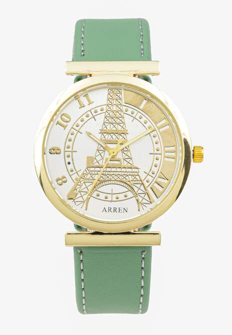 Zielony Zegarek z Okrągłą Wskazówkową Tarczą z Wieżą Eiffla Lexise