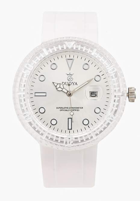 Biały Wskazówkowy Zegarek na Silikonowym Pasku z Okrągłą Kopertą i Datownikiem Lamena