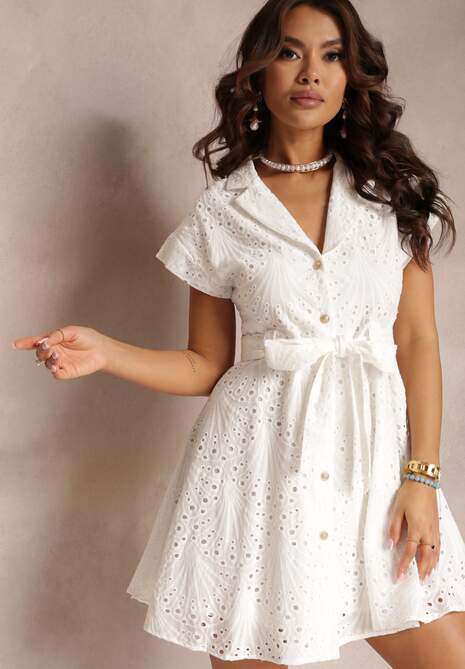 Biała Haftowana Sukienka Koszulowa z Paskiem Phenanea