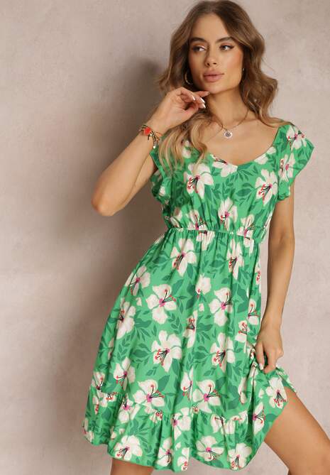 Zielona Rozkloszowana Sukienka Bawełniana w Kwiaty Maller