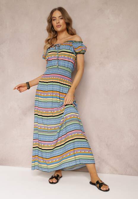 Jasnoniebieska Bawełniana Sukienka Maxi z Gumkami w Talii i Ozdobnym Wiązaniem przy Dekolcie Erinissa