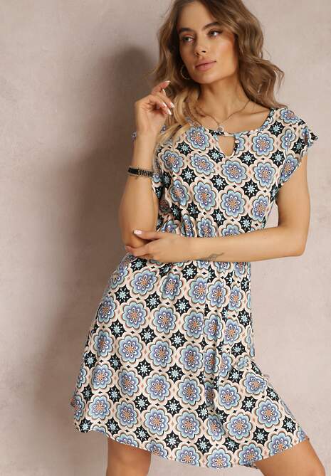 Rochie mini din bumbac albastru-negru cu model mozaic și elastic în talie Fiyona 4