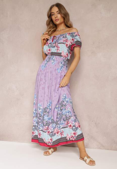 Fioletowa Bawełniana Sukienka z Gumkami w Pasie i Hiszpańskim Dekoltem Laenianna