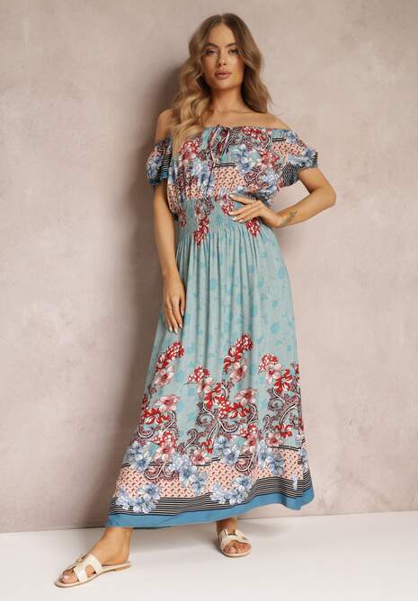 Jasnoniebieska Bawełniana Sukienka z Gumkami w Pasie i Hiszpańskim Dekoltem Laenianna