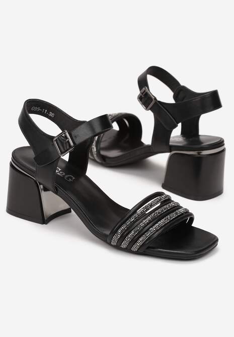 Sandale Negre cu Toc Decorativ cu Barete cu Pietre Strass și Cataramă Kalene 4