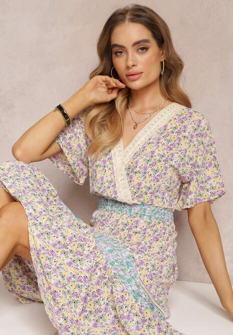 Rochie maxi mov-albastru cu elastic in talie si banda cu dantela Marea 4
