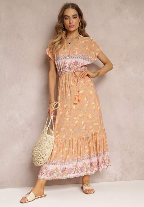Pomarańczowo-Różowa Rozkloszowana Sukienka Maxi z Gumkami w Pasie z Bawełny Besie