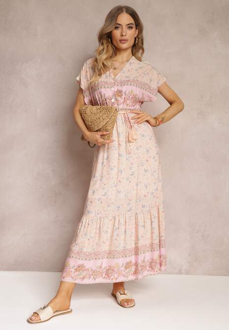 Jasnoróżowa Rozkloszowana Sukienka Maxi z Gumkami w Pasie z Bawełny Besie