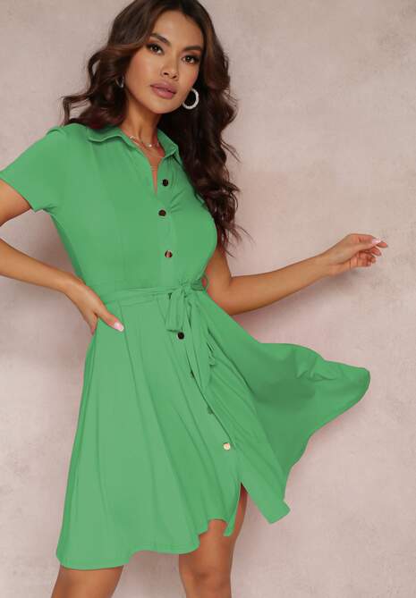 Zielona Sukienka Mini z Kołnierzem i Krótkim Rękawem Penetine