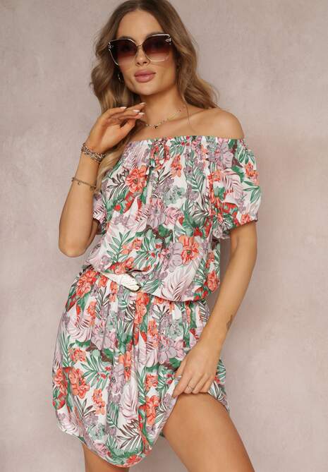 Rochie mini alb-verde din viscoză cu flori cu decolteu spaniol și elastic în talie Selecia 4