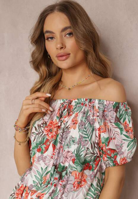 Rochie mini alb-verde din viscoză cu flori cu decolteu spaniol și elastic în talie Selecia 5