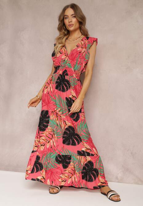 Różowa Kopertowa Sukienka Maxi z Wiskozy z Gumkami w Talii Leamone