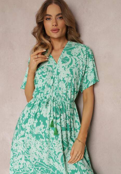 Rochie verde-mentă înflorată cu fustă cloș și volane Humina 5