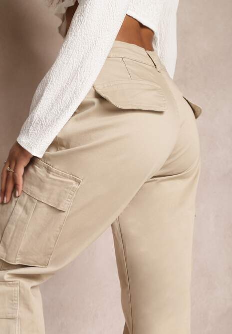 Beżowe Bawełniane Spodnie Cargo z Kieszeniami z Klapami Apomisia 5