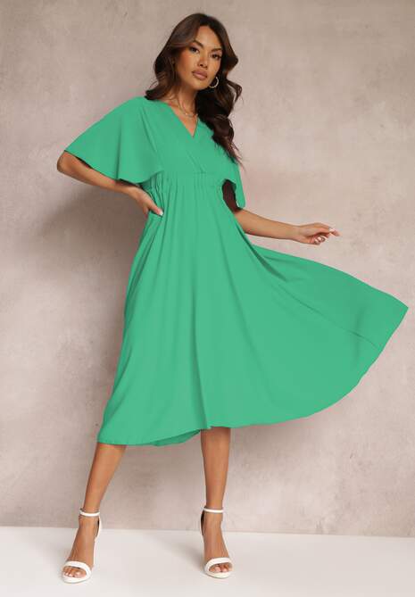Zielona Sukienka z Gumką w Talii Krótkim Rękawem i Kopertowym Dekoltem Kelila