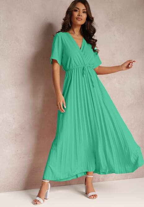 Zielona Rozkloszowana Sukienka Plisowana z Wiązanym Paskiem Eilemona
