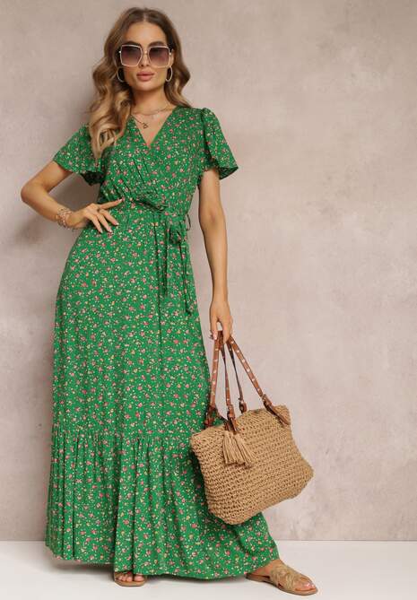 Rochie Verde Lungă cu Imprimeu Floral cu Elastic în Talie și Decolteu Tip Plic Deniva