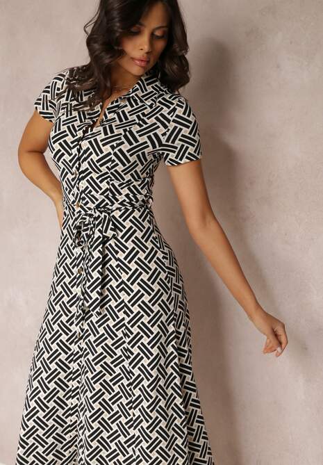Rochie Midi Geometrică Alb-Negru cu Guler și Curea din Material Mehisi 4