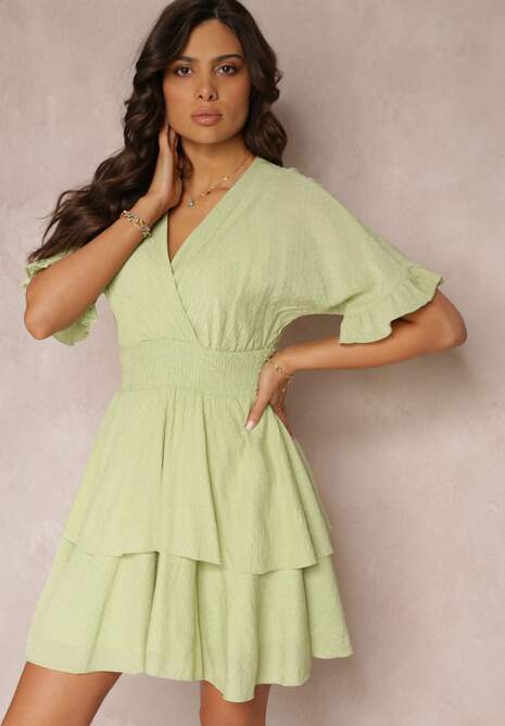 Rochie Verde Vaporoasa Mini cu Volane și Elastic Lat în Talie Olleanne 4