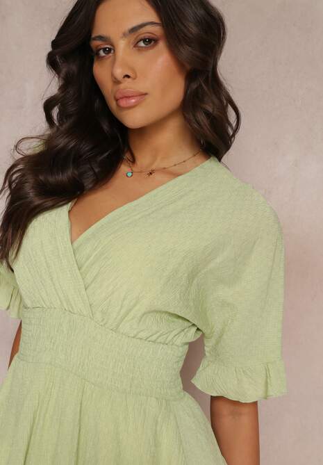 Rochie Verde Vaporoasa Mini cu Volane și Elastic Lat în Talie Olleanne 5