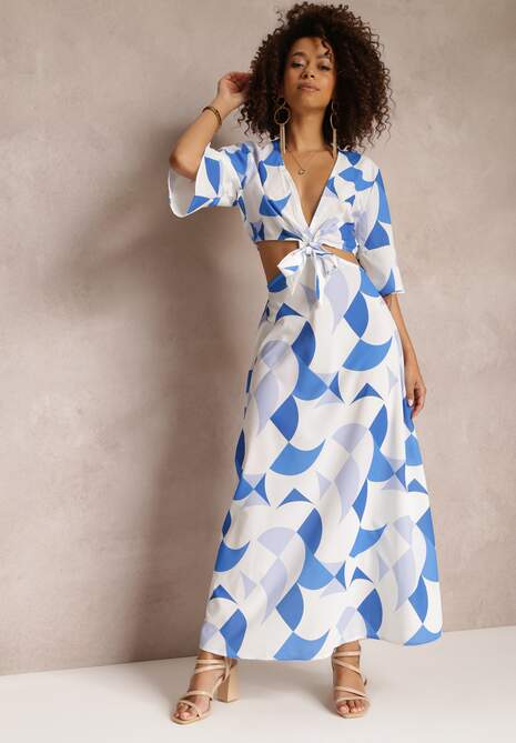 Niebieska Kopertowa Sukienka Maxi z Rozkloszowanym Dołem i Wiązaniem Alylina