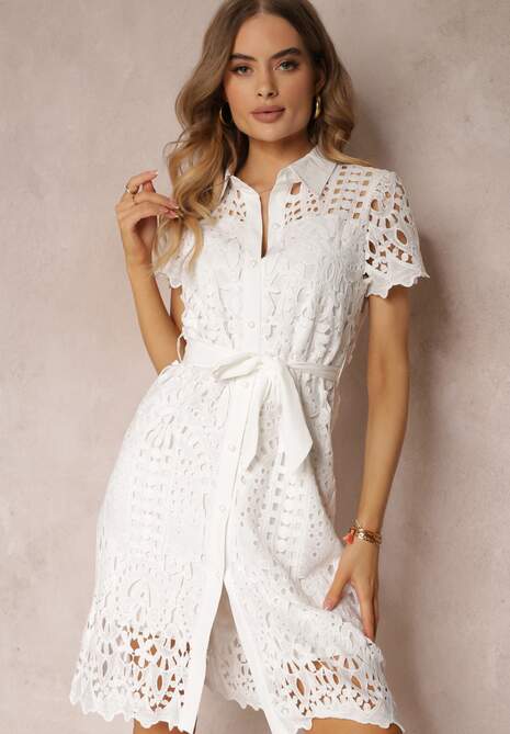 Biała Ażurowa Sukienka Koszulowa Wiązana w Pasie Lonnija