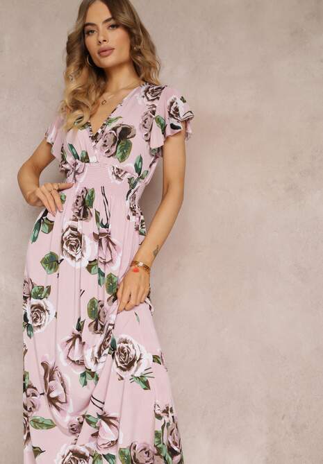 Rochie roz maxi cloș cu elastic în talie cu flori Mircale