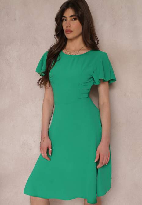 Zielona Elegancka Sukienka z Krótkim Rękawem i Rozkloszowanym Dołem Mimisa