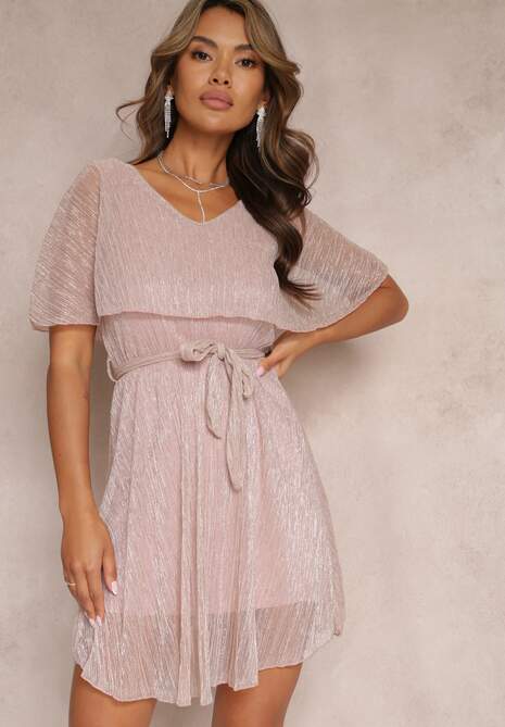 Rochie roz mini cu fir metalic și elastic în talie Eullas 4