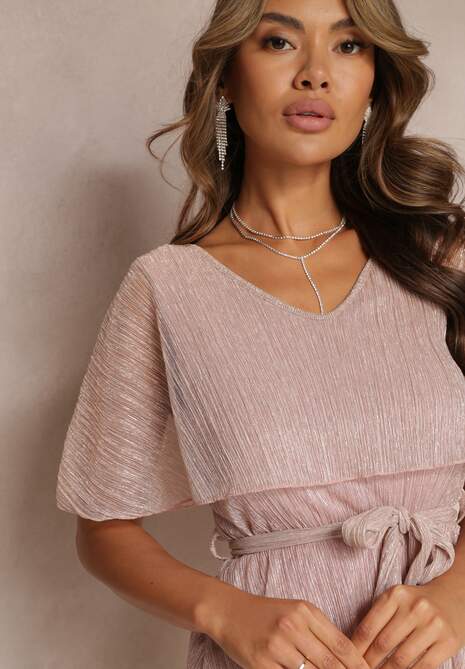 Rochie roz mini cu fir metalic și elastic în talie Eullas 5