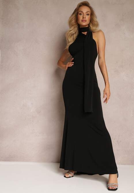 Czarna Asymetryczna Sukienka Maxi z Rozszerzanym Dołem na Jedno Ramię Halfrid