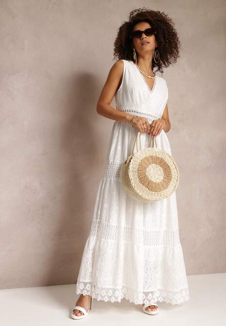 Biała Kopertowa Sukienka Maxi z Wiązaniem na Plecach z Koronkowej Tkaniny Sonaia