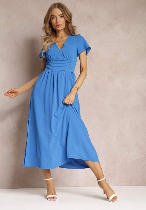 Niebieska Rozkloszowana Sukienka Maxi z Wycięciem Ahina