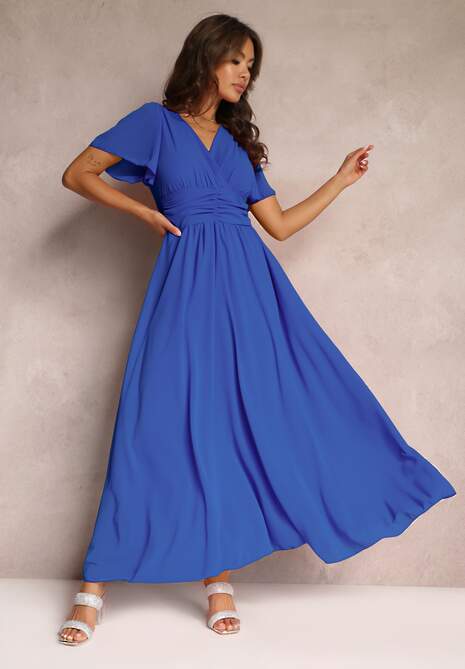 Niebieska Rozkloszowana Sukienka z Kopertowym Dekoltem Obillis