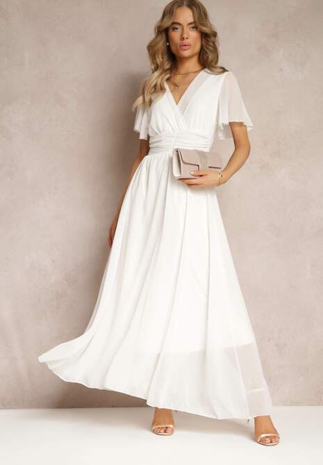 Biała Rozkloszowana Sukienka z Kopertowym Dekoltem Obillis