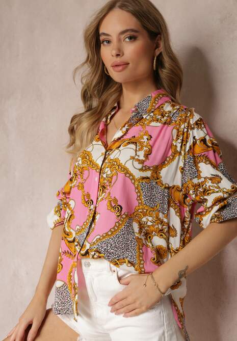 Różowa Bawełniana Koszula z Modnym Printem i Dłuższym Tyłem Fallia