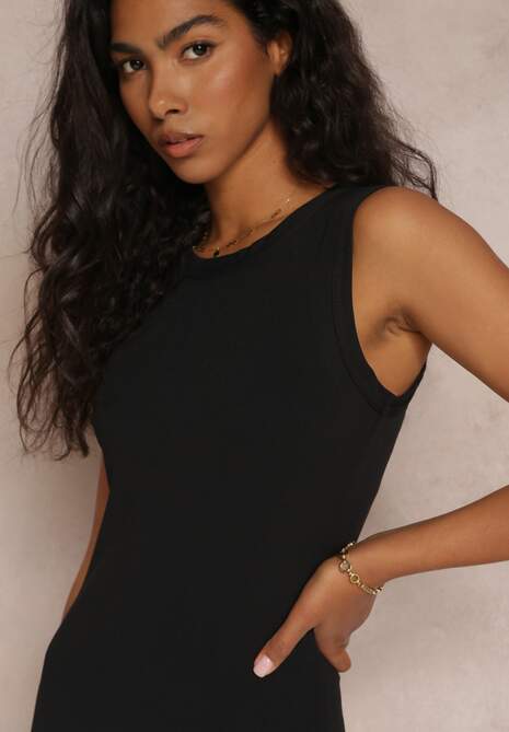 Czarna Prążkowana Sukienka Mini Dopasowana Bez Rękawów Lesina 5