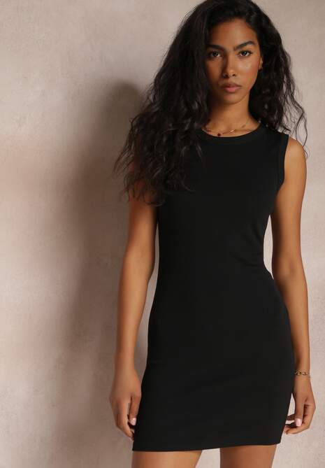 Czarna Prążkowana Sukienka Mini Dopasowana Bez Rękawów Lesina